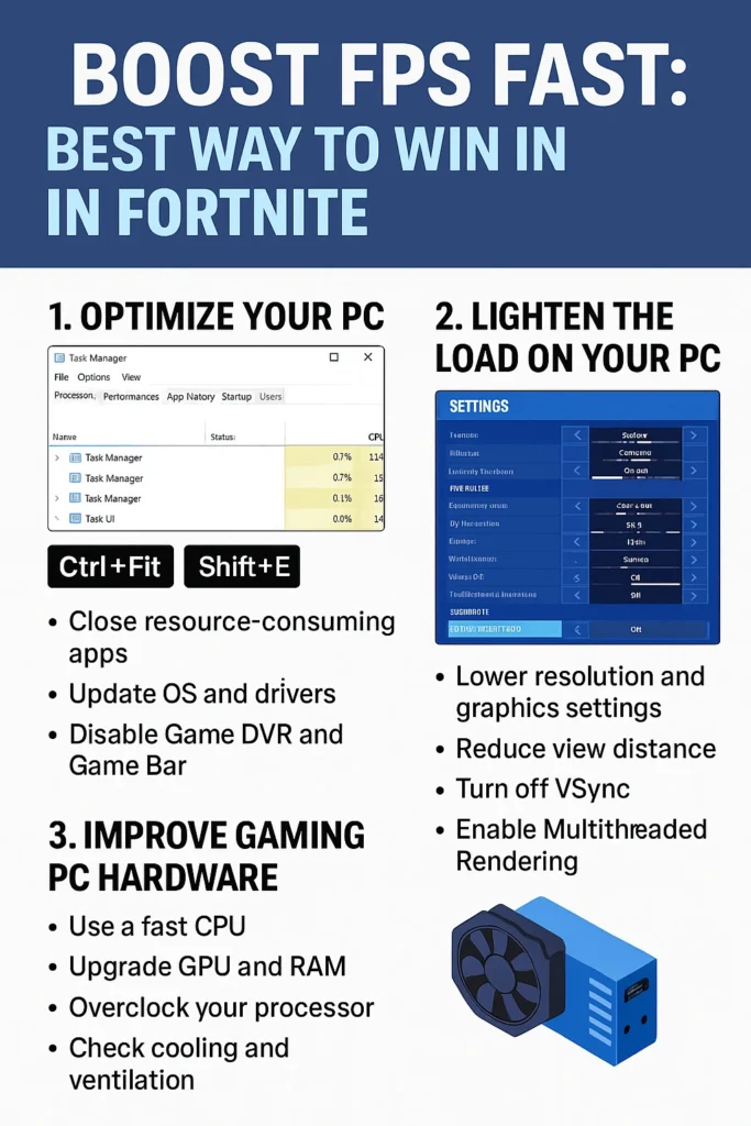 Infographic showing 3 easy ways to boost FPS in Fortnite: optimize PC, lighten system load, upgrade hardware.